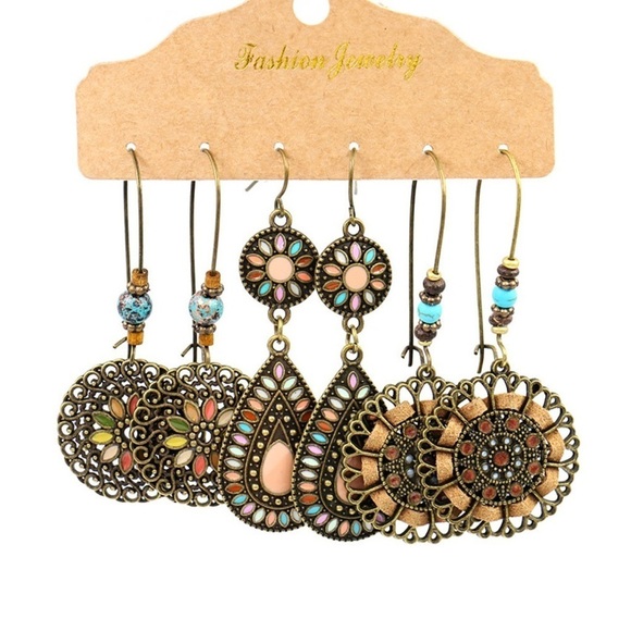 Earrings in Gold Boho Retro Style Hollow Dangle Earring Set of 3 - Picture 1 of 5